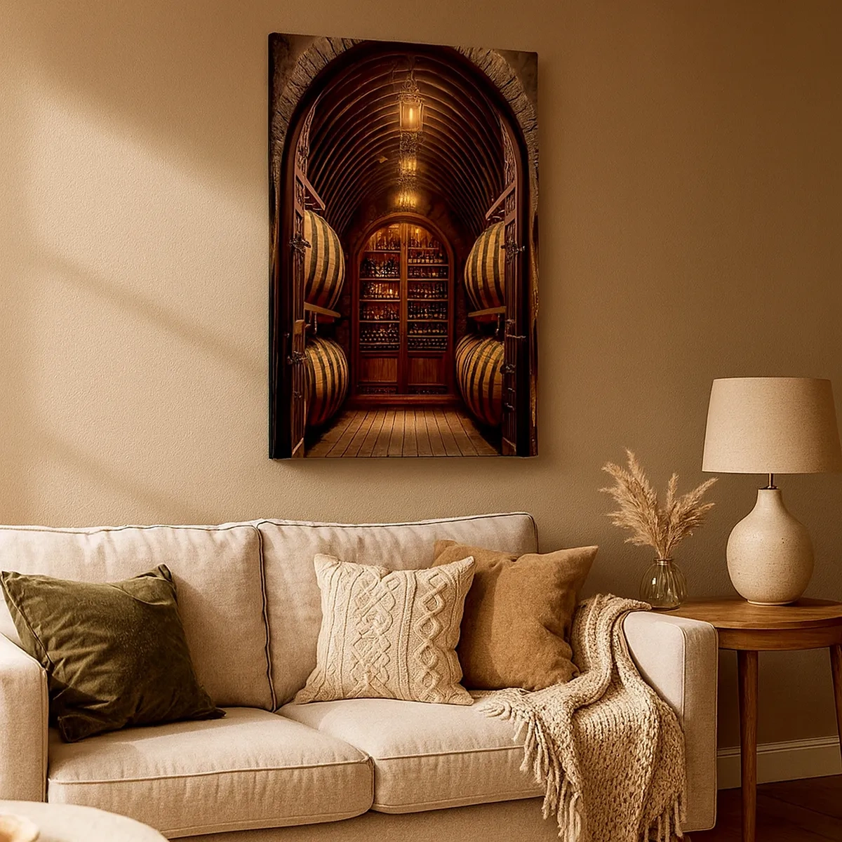 Quadro su tela - Stampe su Tela - Cantina con botti di legno e scaffali per il vino - 50x70cm - L'atmosfera della cantina - Decorazione murale moderna per soggiorno e camera da letto ARTTOR