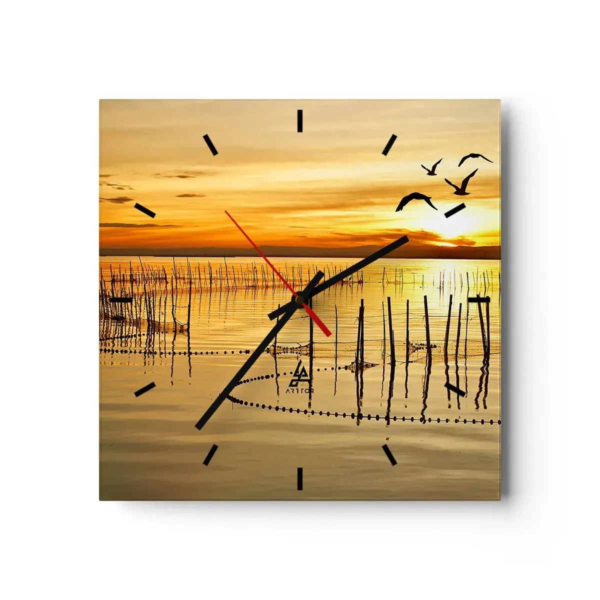Orologio da parete - Orologio in Vetro - Tramonto sull'acqua con uccelli in volo - 30x30cm - Alla pesca - Decorazione murale moderna per soggiorno e camera da letto ARTTOR