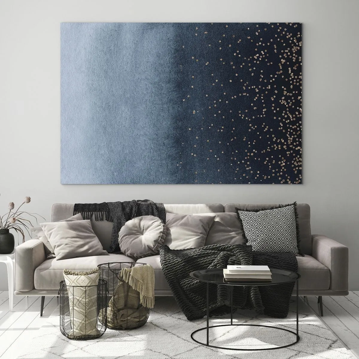 Quadro su vetro - Sfumature blu navy con piccoli puntini dorati - 70x50cm - Composizione: fasi blu - Decorazione murale moderna per soggiorno e camera da letto ARTTOR
