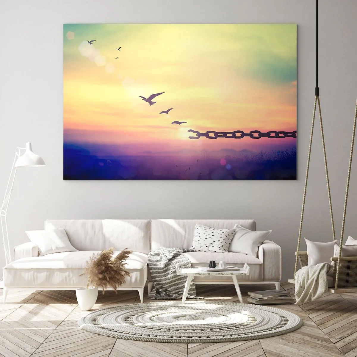 Quadro su vetro - Uccelli in volo sullo sfondo di una catena e di un tramonto - 120x80cm - La vittoria della libertà - Decorazione murale moderna per soggiorno e camera da letto ARTTOR