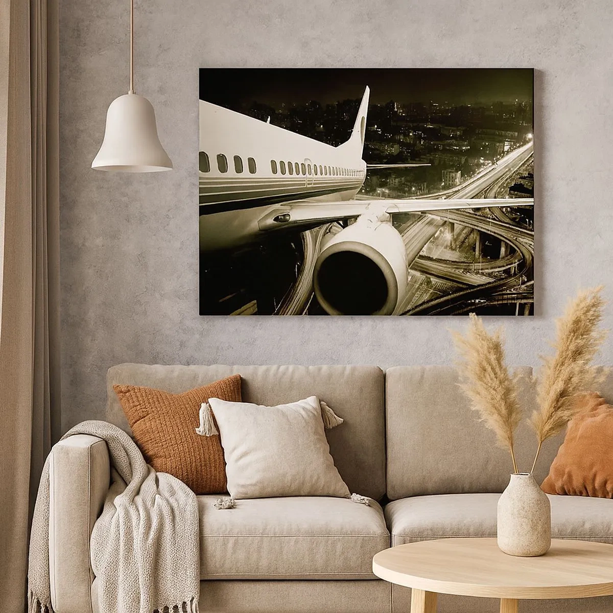 Quadro su tela - Stampe su Tela - Un aereo sopra una città notturna con autostrade illuminate - 70x50cm - Volare di notte - Decorazione murale moderna per soggiorno e camera da letto ARTTOR