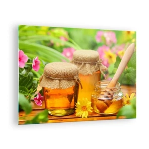 Quadro su vetro - Vasetti di miele su uno sfondo di fiori nel giardino - 70x50cm - Dolce miele di fiori - Decorazione murale moderna per soggiorno e camera da letto ARTTOR