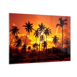 Quadro su vetro - Palme sullo sfondo di un tramonto infuocato - 100x70cm - Bruciano i monti, bruciano i boschi - Decorazione murale moderna per soggiorno e camera da letto ARTTOR
