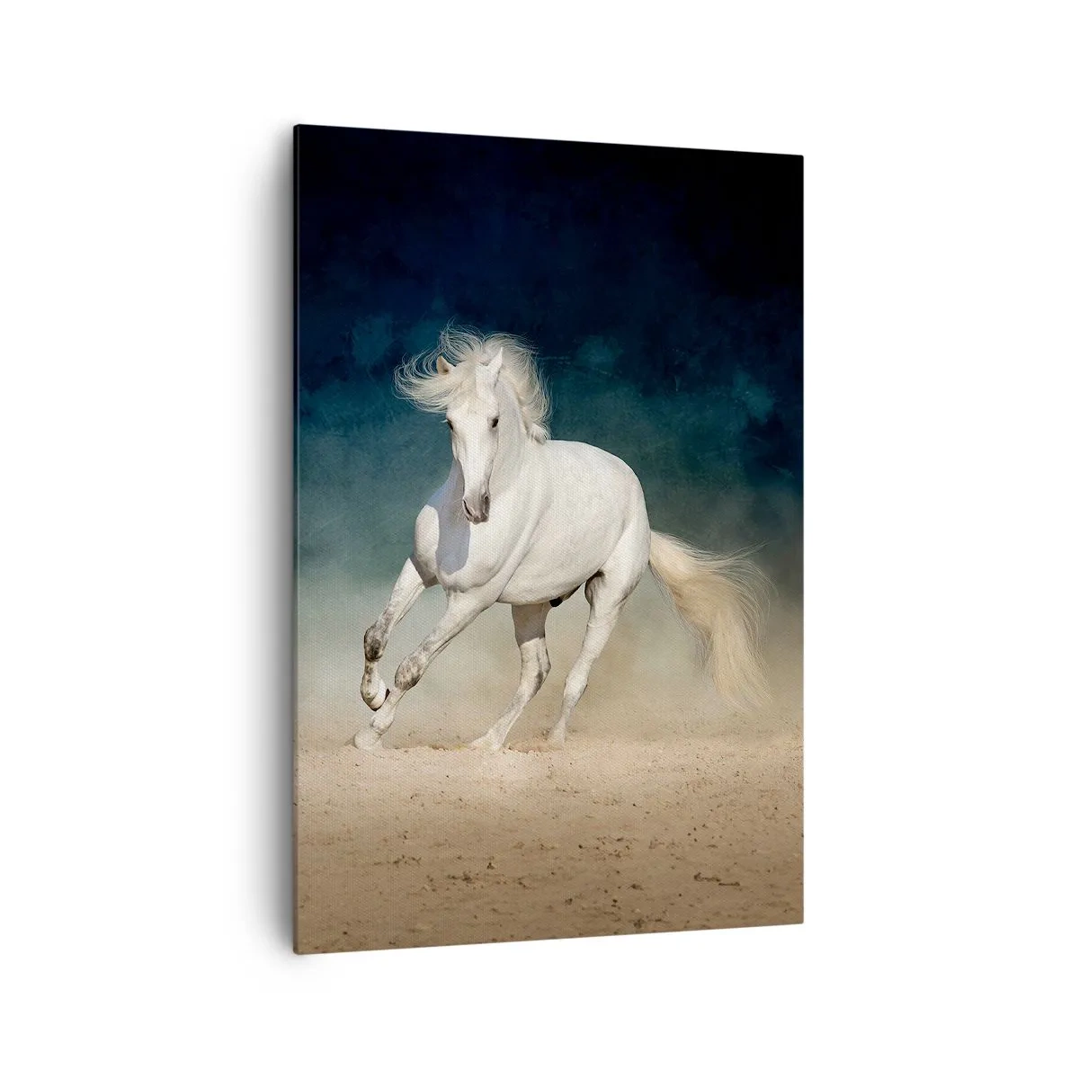 Quadro su tela - Stampe su Tela - Un cavallo bianco al galoppo contro un cielo sfocato - 70x100cm - Libertà allo stato puro - Decorazione murale moderna per soggiorno e camera da letto ARTTOR