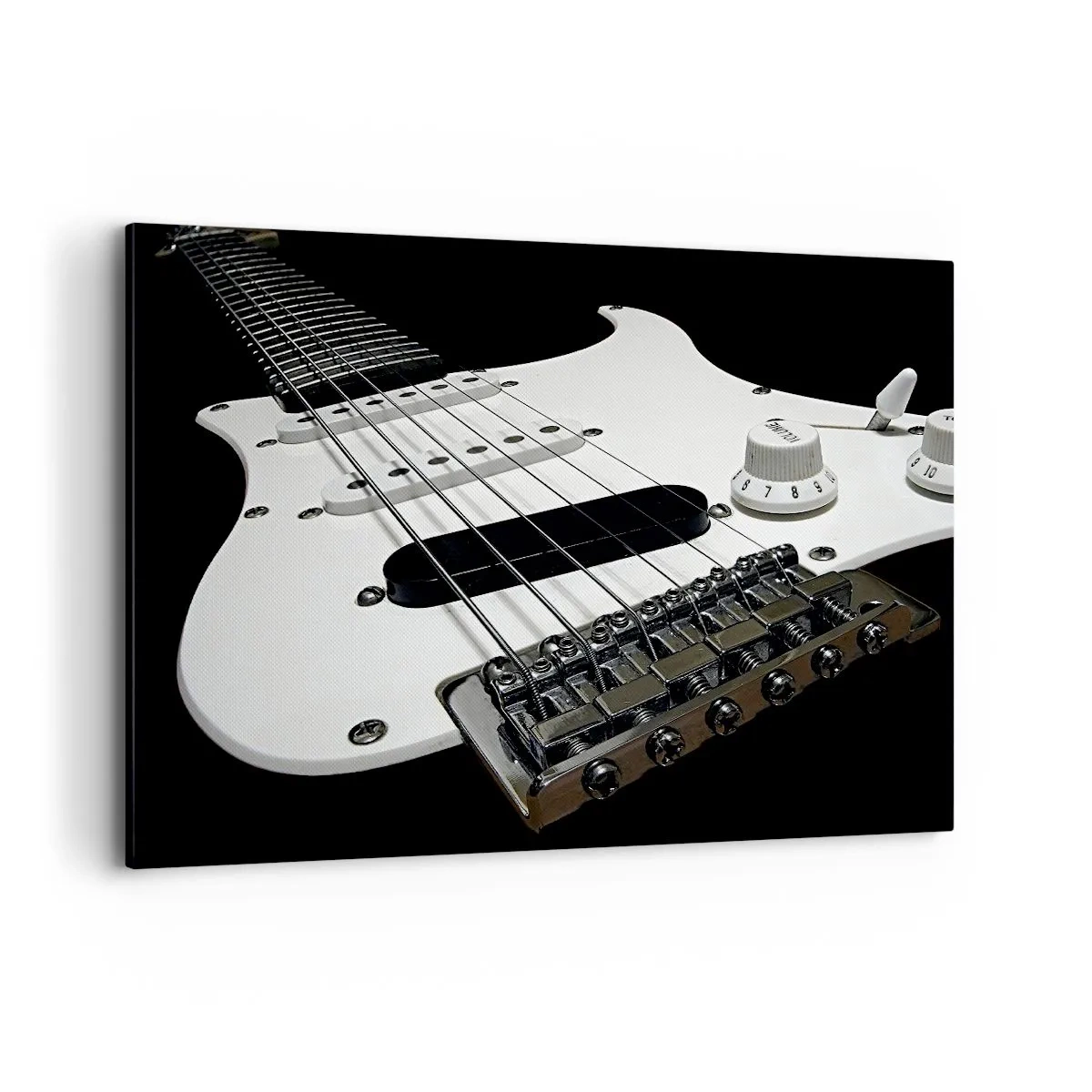 Quadro su tela - Stampe su Tela - Primo piano di una chitarra elettrica bianca su sfondo nero. - 120x80cm - Il suono nascosto nel bianco - Decorazione murale moderna per soggiorno e camera da letto ARTTOR