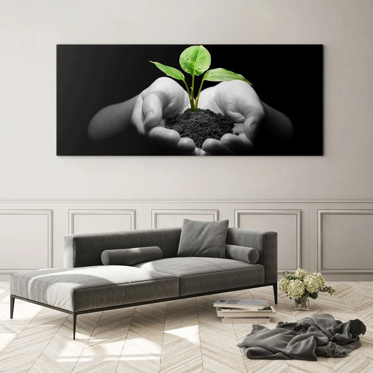 Quadro su vetro - Mani che tengono una pianta verde su uno sfondo nero - 120x50cm - Amo la natura, la proteggo - Decorazione murale moderna per soggiorno e camera da letto ARTTOR