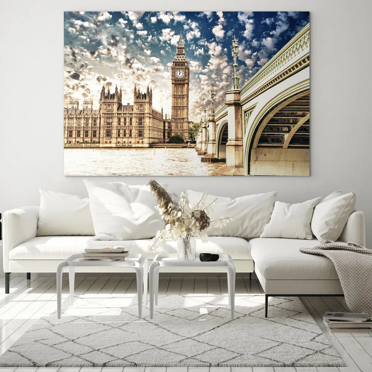 Quadro su vetro - Big Ben e Westminster Bridge a Londra - 120x80cm - Cirri sul Tamigi - Decorazione murale moderna per soggiorno e camera da letto ARTTOR