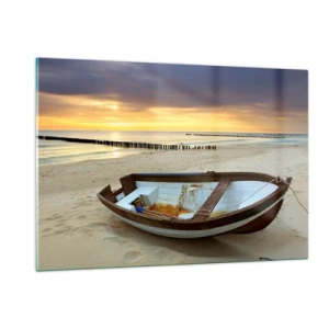 Quadro su vetro - Una barca su una spiaggia sabbiosa all'alba - 120x80cm - Non vi sono spiagge più belle - Decorazione murale moderna per soggiorno e camera da letto ARTTOR