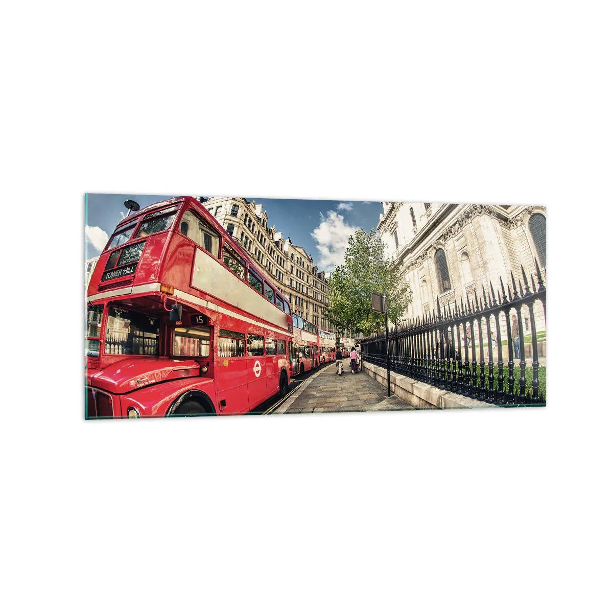 Quadro su vetro - Autobus rosso a due piani a Londra vicino alla strada e alla cattedrale - 120x50cm - Via di Londra in grigio e rosso - Decorazione murale moderna per soggiorno e camera da letto ARTTOR