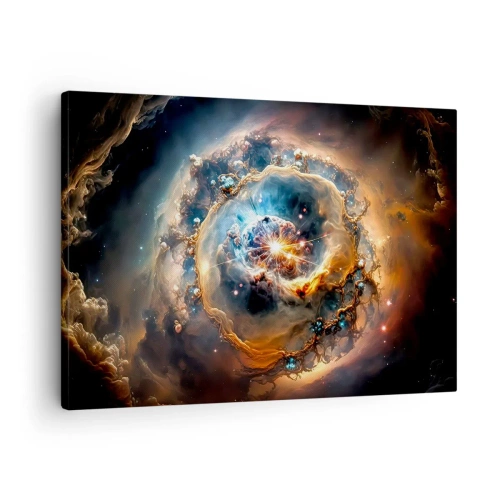 Quadro su tela - Stampe su Tela - Una visione astratta di un'esplosione cosmica nei toni dell'oro e del blu. - 70x50cm - L'inizio - Decorazione murale moderna per soggiorno e camera da letto ARTTOR