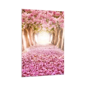 Quadro su vetro - Un viale di alberi in fiore con petali rosa sul terreno - 50x70cm - La strada verso il paradiso - Decorazione murale moderna per soggiorno e camera da letto ARTTOR