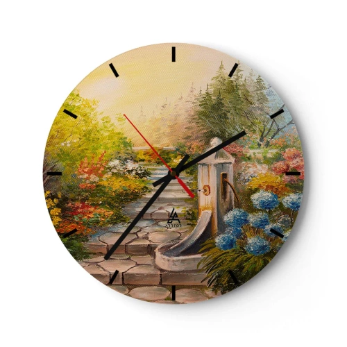 Orologio da parete - Orologio in Vetro - Un giardino con una fontana circondata da fiori e alberi colorati - 30x30cm - In piena fioritura - Decorazione murale moderna per soggiorno, cucina e camera da letto ARTTOR