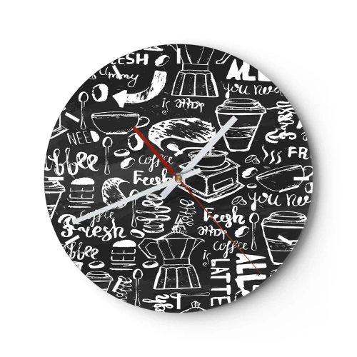 Orologio da parete - Orologio in Vetro - Motivo del caffè nello stile di un disegno a gesso su sfondo nero - 30x30cm - All you need is… - Decorazione murale moderna per soggiorno, cucina e camera da letto ARTTOR