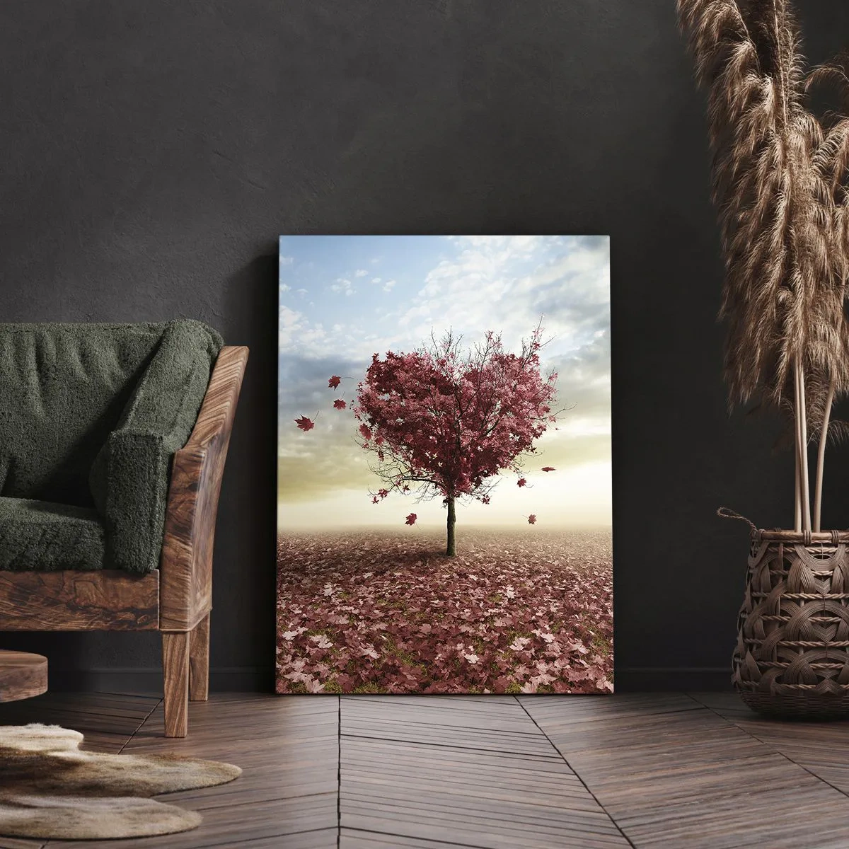 Quadro su tela - Stampe su Tela - Un albero solitario a forma di cuore in un campo di foglie rosse - 80x120cm - Ama questo autunno - Decorazione murale moderna per soggiorno e camera da letto ARTTOR
