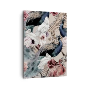 Quadro su tela - Stampe su Tela - Un paesaggio con piume di pavone, rose e uccelli in stile romantico. - 50x70cm - Nel giardino del palazzo - Decorazione murale moderna per soggiorno e camera da letto ARTTOR