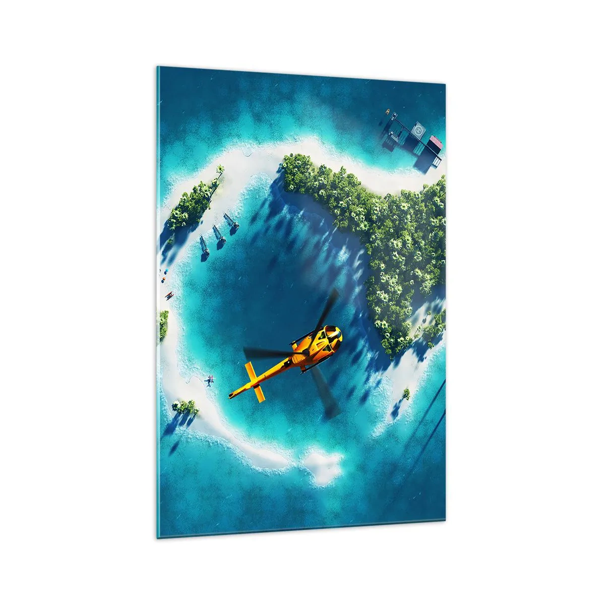 Quadro su vetro - Un'isola tropicale circondata da acque turchesi con un elicottero in vista - 70x100cm - Comprati un'isola - Decorazione murale moderna per soggiorno e camera da letto ARTTOR
