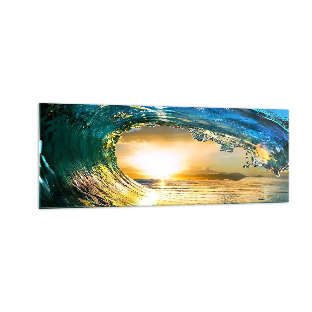 Quadro su vetro - Onda dell'oceano al sole con vista sull'orizzonte - 140x50cm - Nel cristallo oro e smeraldo - Decorazione murale moderna per soggiorno e camera da letto ARTTOR