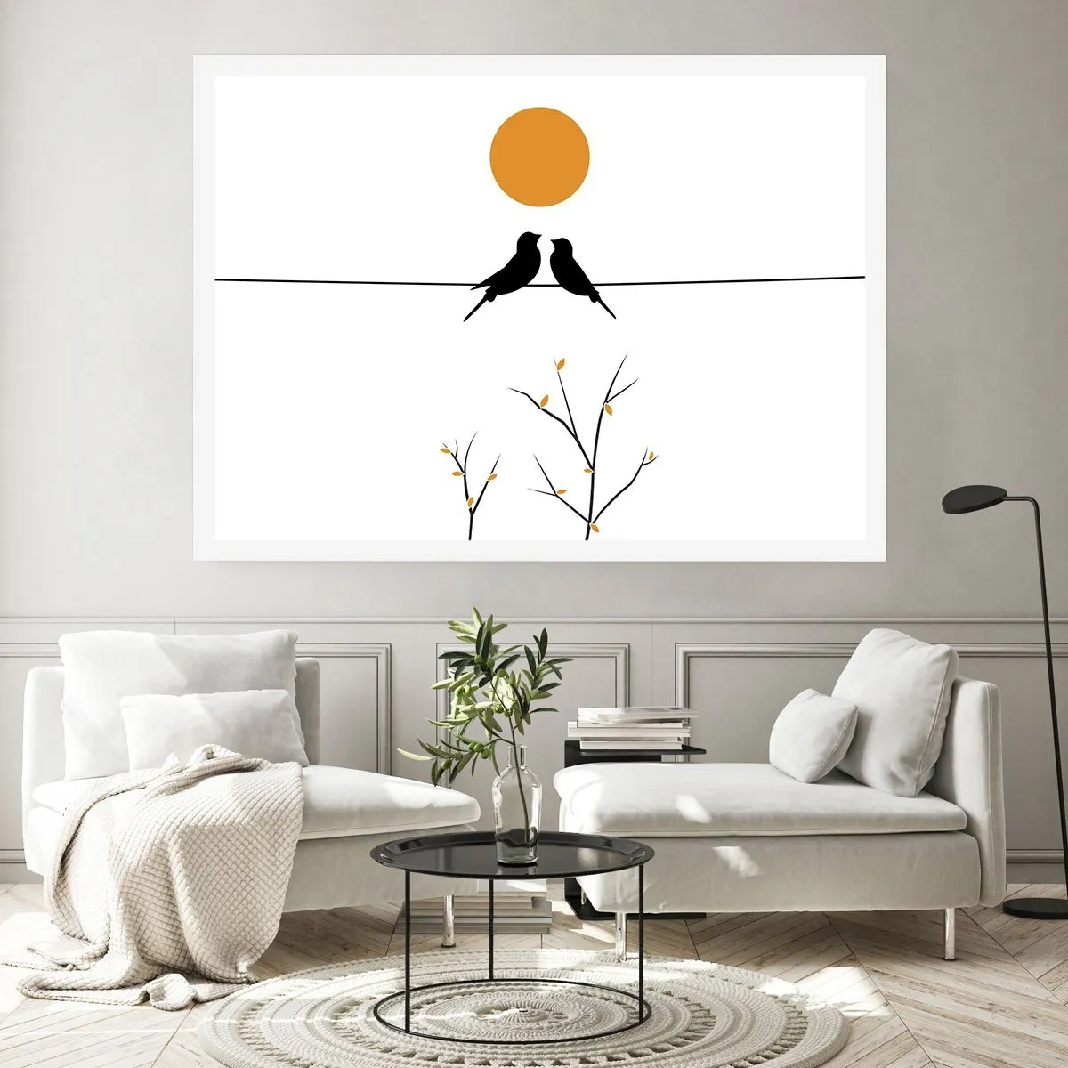 Poster - Uccelli su una linea con un sole giallo - 100x70cm - Sera da usignoli - Decorazione murale moderna per soggiorno e camera da letto ARTTOR