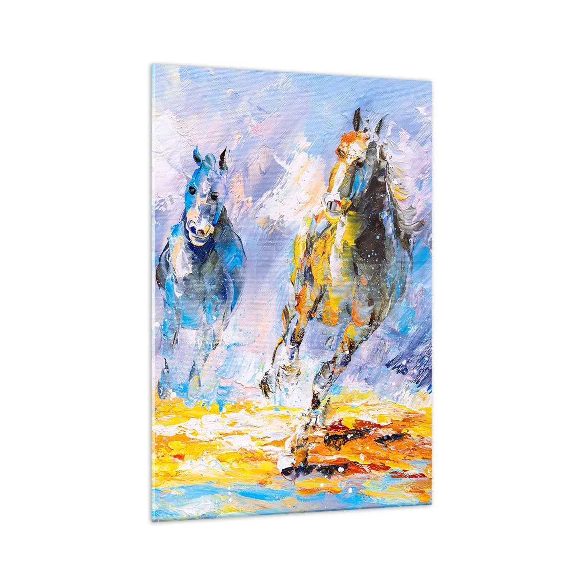 Quadro su vetro - Due cavalli in movimento sullo sfondo di un paesaggio astratto - 70x100cm - Al galoppo nella luce - Decorazione murale moderna per soggiorno e camera da letto ARTTOR