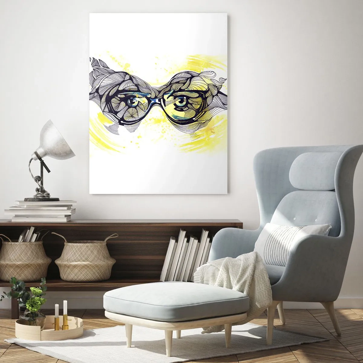 Quadro su vetro - Grafica artistica di occhiali con occhi espressivi - 80x120cm - Attraverso gli occhiali blu - Decorazione murale moderna per soggiorno e camera da letto ARTTOR
