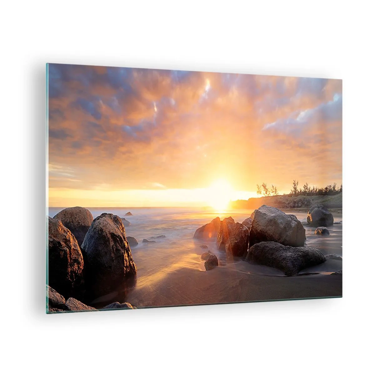 Quadro su vetro - Tramonto sul mare con pietre sulla riva - 70x50cm - La luminosa brezza della sera - Decorazione murale moderna per soggiorno e camera da letto ARTTOR