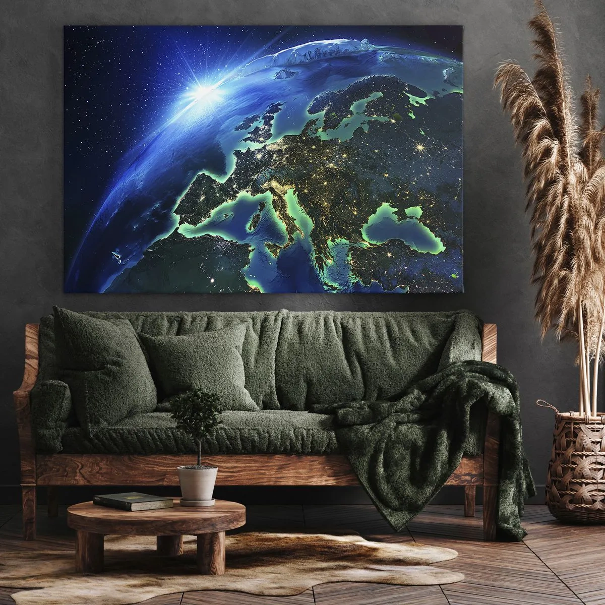 Quadro su tela - Stampe su Tela - Una vista di Europa dallo spazio, alla luce del sole nascente. - 120x80cm - L'Europa scintillante - Decorazione murale moderna per soggiorno e camera da letto ARTTOR