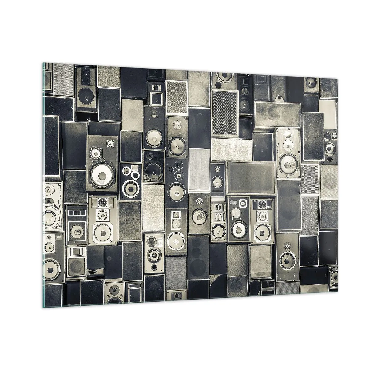 Quadro su vetro - Una composizione di altoparlanti retrò in tonalità di grigio - 100x70cm - Armonia di suoni - Decorazione murale moderna per soggiorno e camera da letto ARTTOR