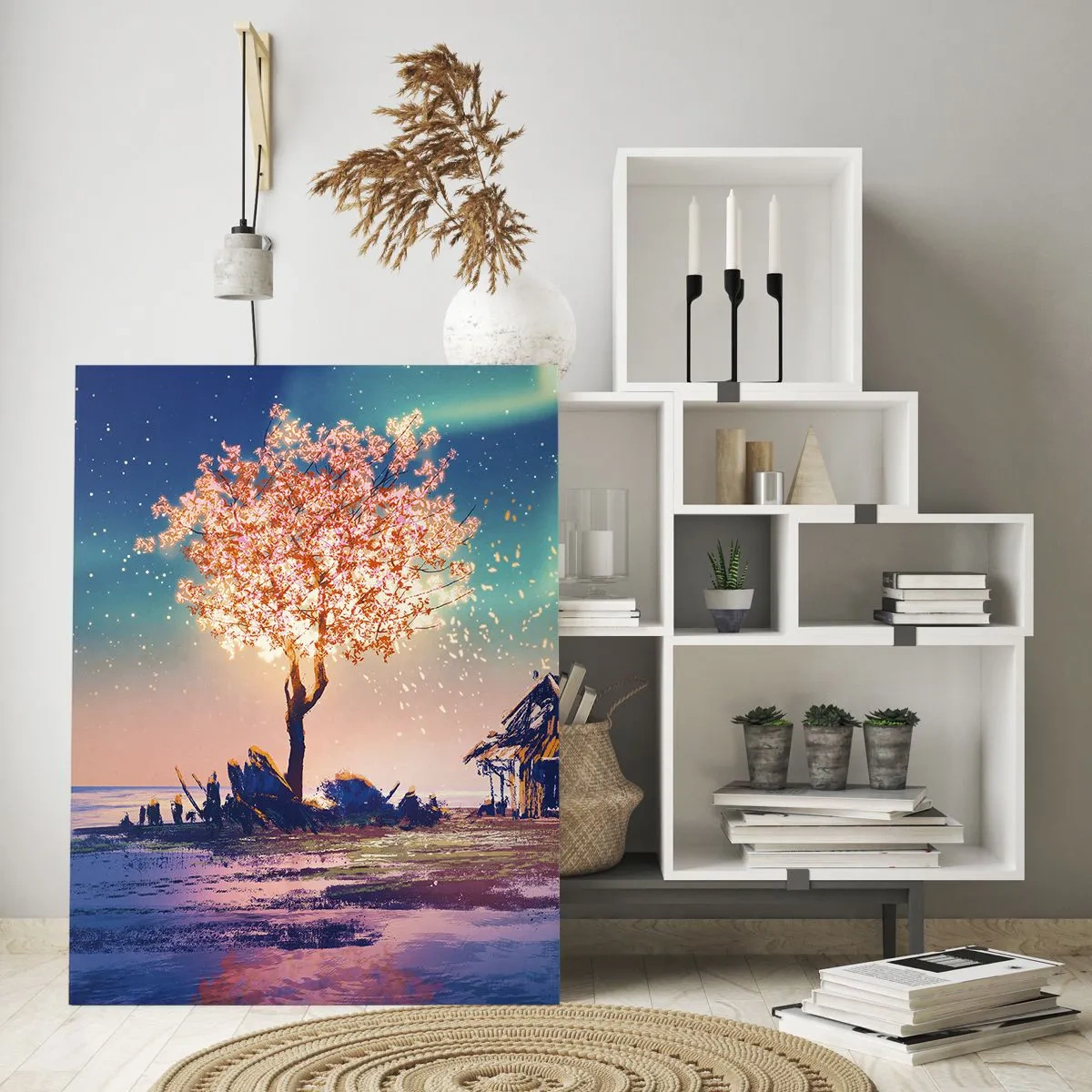 Quadro su vetro - Una casa e un albero in fiore sotto il cielo notturno - 80x120cm - La natura non passa - Decorazione murale moderna per soggiorno e camera da letto ARTTOR