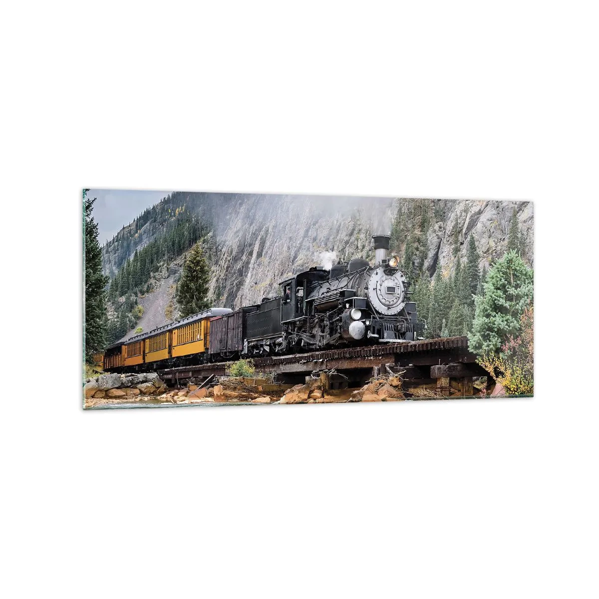 Quadro su vetro - Una locomotiva a vapore su un ponte in un pittoresco paesaggio montano - 120x50cm - Dove andiamo? - Decorazione murale moderna per soggiorno e camera da letto ARTTOR