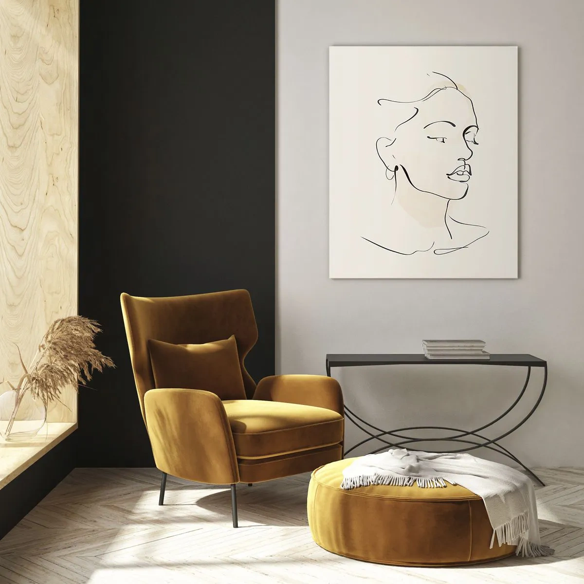 Quadro su vetro - Ritratto femminile lineare su uno sfondo chiaro con ombre delicate. - 50x70cm - Linea sicura - Decorazione murale moderna per soggiorno e camera da letto ARTTOR