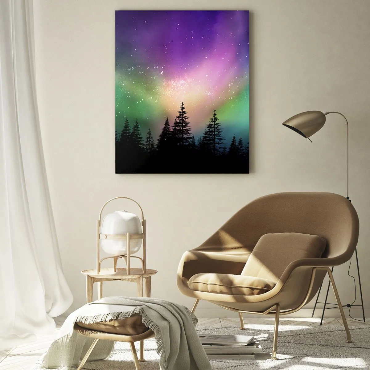 Quadro su vetro - Aurora boreale su una foresta con cielo stellato - 80x120cm - Magia bianca - Decorazione murale moderna per soggiorno e camera da letto ARTTOR