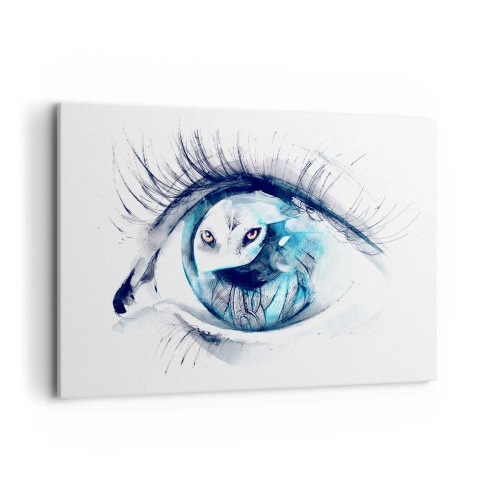 Quadro su tela - Stampe su Tela - Un occhio con l'immagine di un gufo in tonalità di blu acquerellate - 100x70cm - Faccia a faccia con la natura selvaggia - Decorazione murale moderna per soggiorno e camera da letto ARTTOR