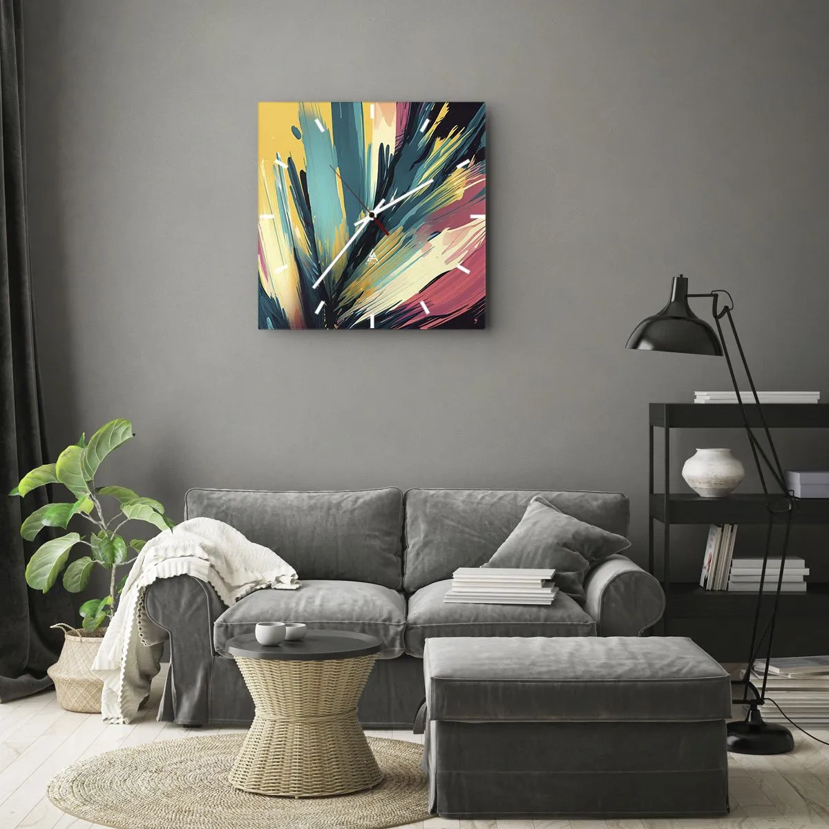 Orologio da parete - Orologio in Vetro - Una composizione astratta dai colori intensi e contrastanti. - 30x30cm - Composizione: esplosione di gioia - Decorazione murale moderna per soggiorno e camera da letto ARTTOR