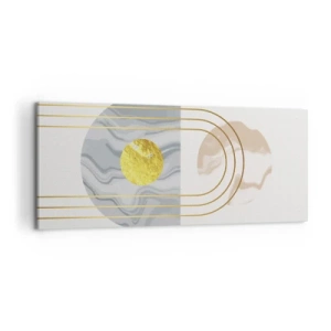 Quadro su tela - Stampe su Tela - Composizione astratta con cerchi e linee dorate su uno sfondo chiaro. - 120x50cm - Chiarezza e lucentezza - Decorazione murale moderna per soggiorno e camera da letto ARTTOR