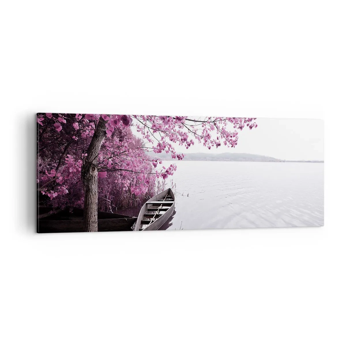 Quadro su tela - Stampe su Tela - Una barca sulla riva di un lago tra alberi rosa - 140x50cm - Nel silenzio rosa - Decorazione murale moderna per soggiorno e camera da letto ARTTOR