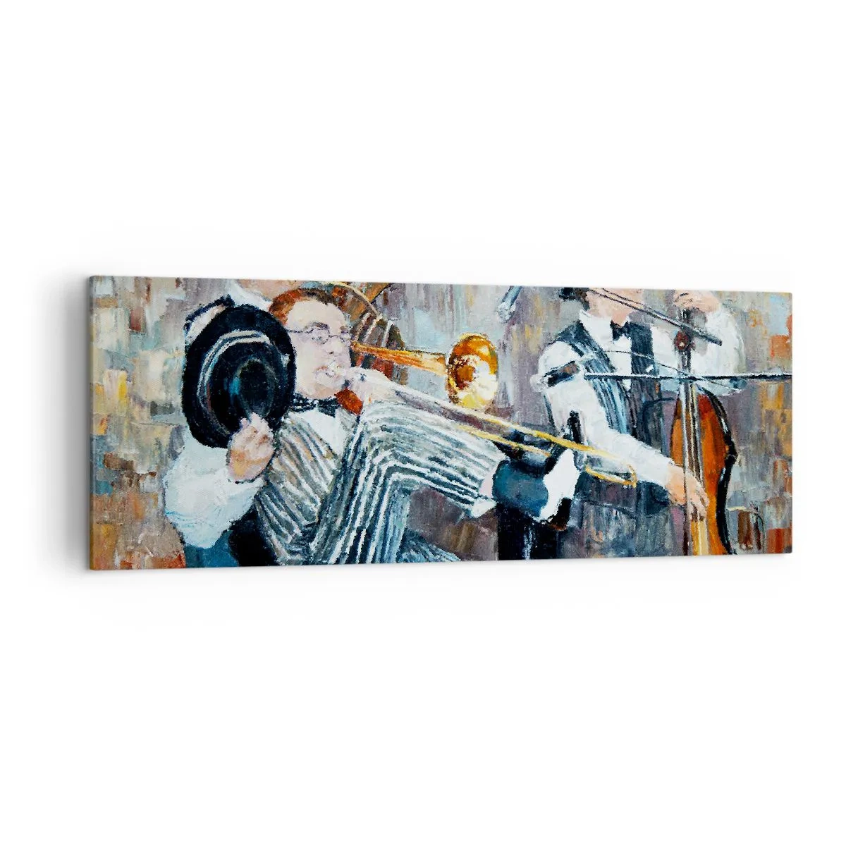 Quadro su tela - Stampe su Tela - Musicisti jazz in stile pittorico durante un concerto - 140x50cm - Tutto il jazz - Decorazione murale moderna per soggiorno e camera da letto ARTTOR