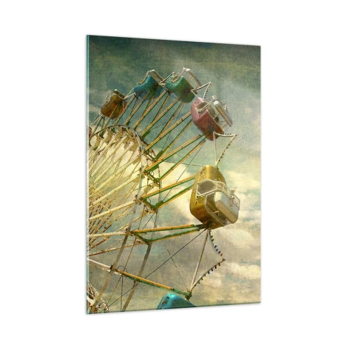 Quadro su vetro - Una ruota panoramica contro il cielo e palme in stile retrò - 50x70cm - Il divertimento comincia... - Decorazione murale moderna per soggiorno e camera da letto ARTTOR
