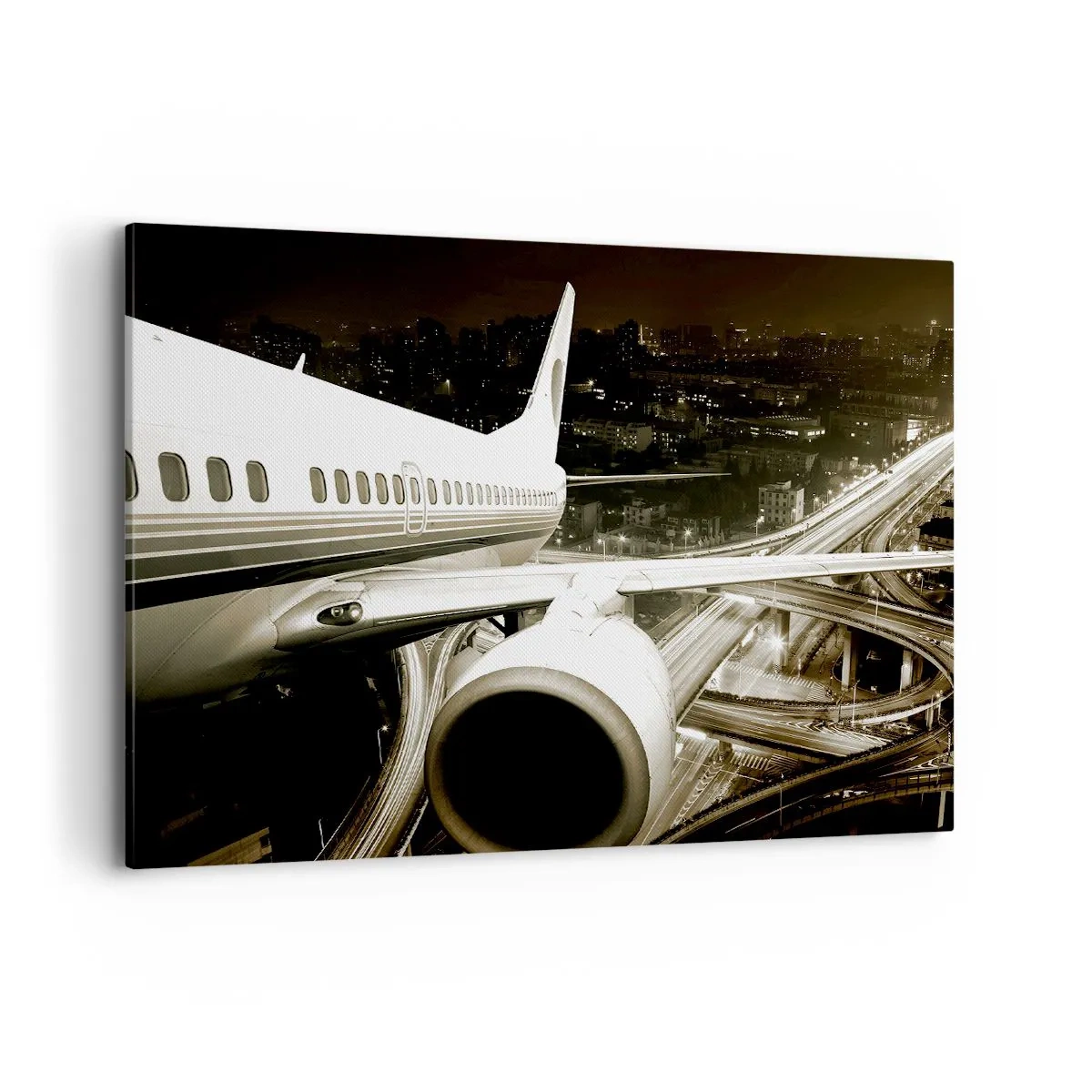 Quadro su tela - Stampe su Tela - Un aereo sopra una città notturna con autostrade illuminate - 100x70cm - Volare di notte - Decorazione murale moderna per soggiorno e camera da letto ARTTOR