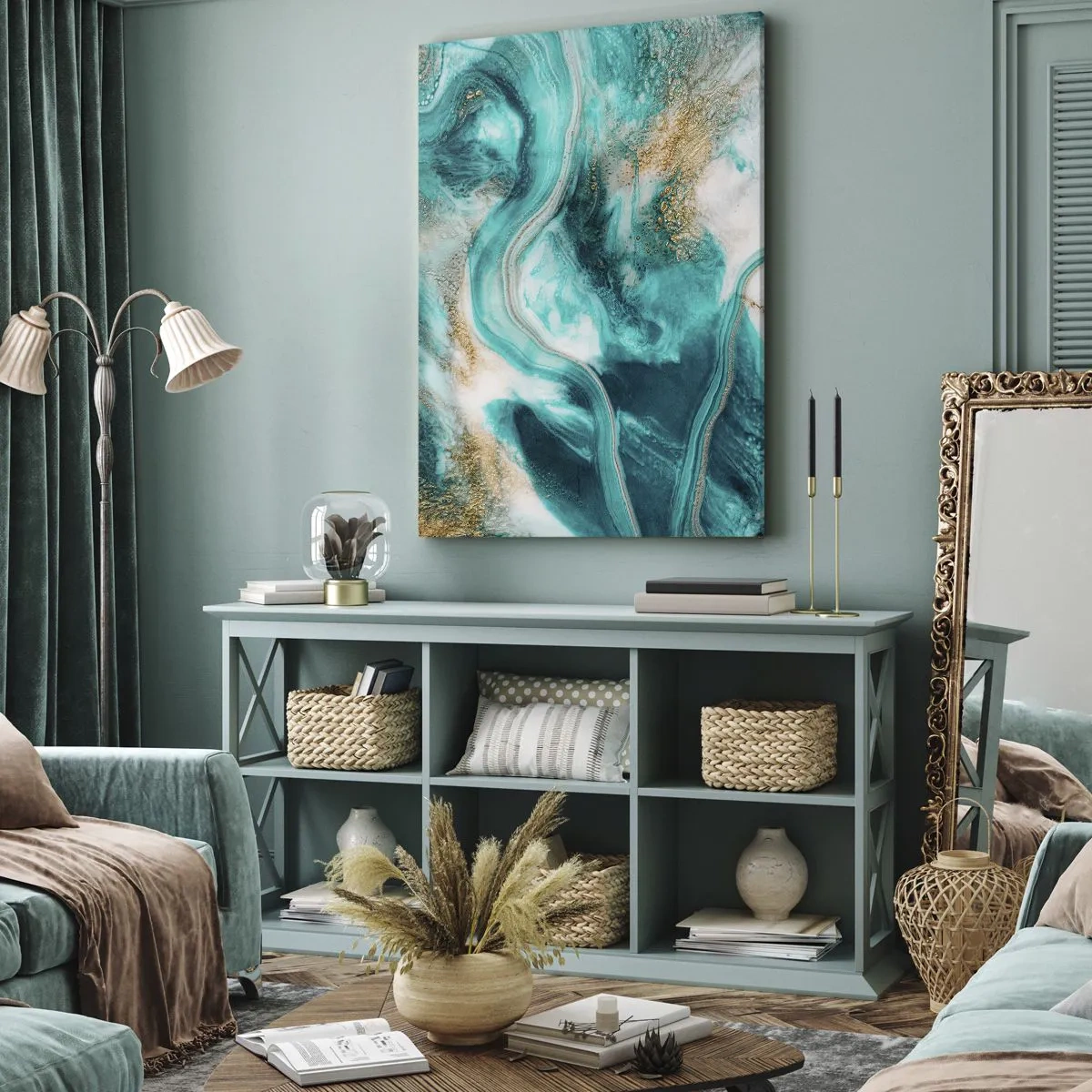 Quadro su tela - Stampe su Tela - Astrazione turchese con accenti bianchi e dorati - 50x70cm - Il fiume d'oro - Decorazione murale moderna per soggiorno e camera da letto ARTTOR