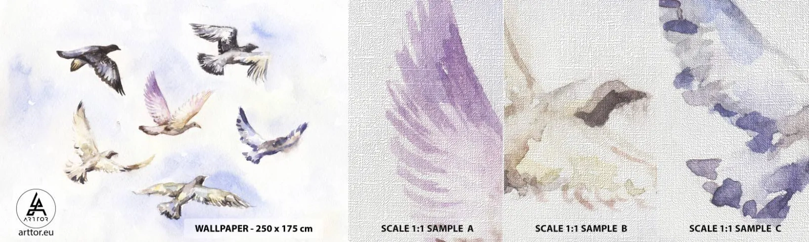 Campione di Fotomurale Premium Canvas - Libertà in grigio e blu - Uccelli, Grafica, Pezzo - 100x30 cm