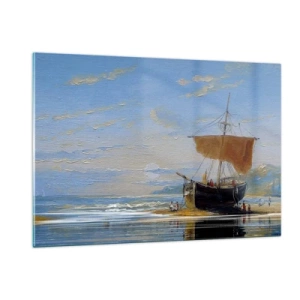 Quadro su vetro - Una nave con una vela sulla riva in stile pittorico - 120x80cm - Acqua, terra, aria - Decorazione murale moderna per soggiorno e camera da letto ARTTOR