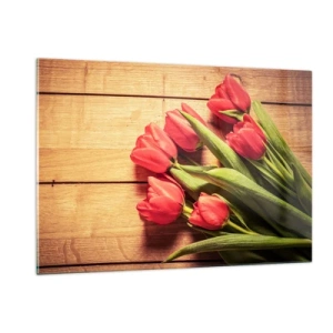 Quadro su vetro - Tulipani rossi su una tavola di legno - 120x80cm - Confessione primaverile - Decorazione murale moderna per soggiorno e camera da letto ARTTOR