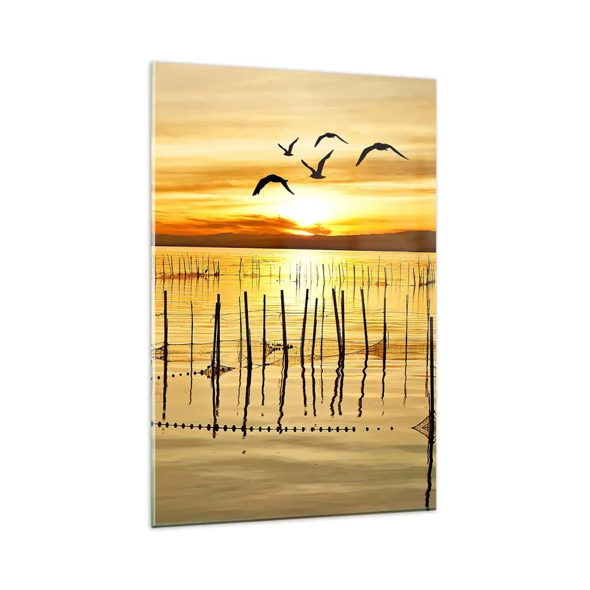 Quadro su vetro - Tramonto sull'acqua con uccelli in volo - 80x120cm - Alla pesca - Decorazione murale moderna per soggiorno e camera da letto ARTTOR