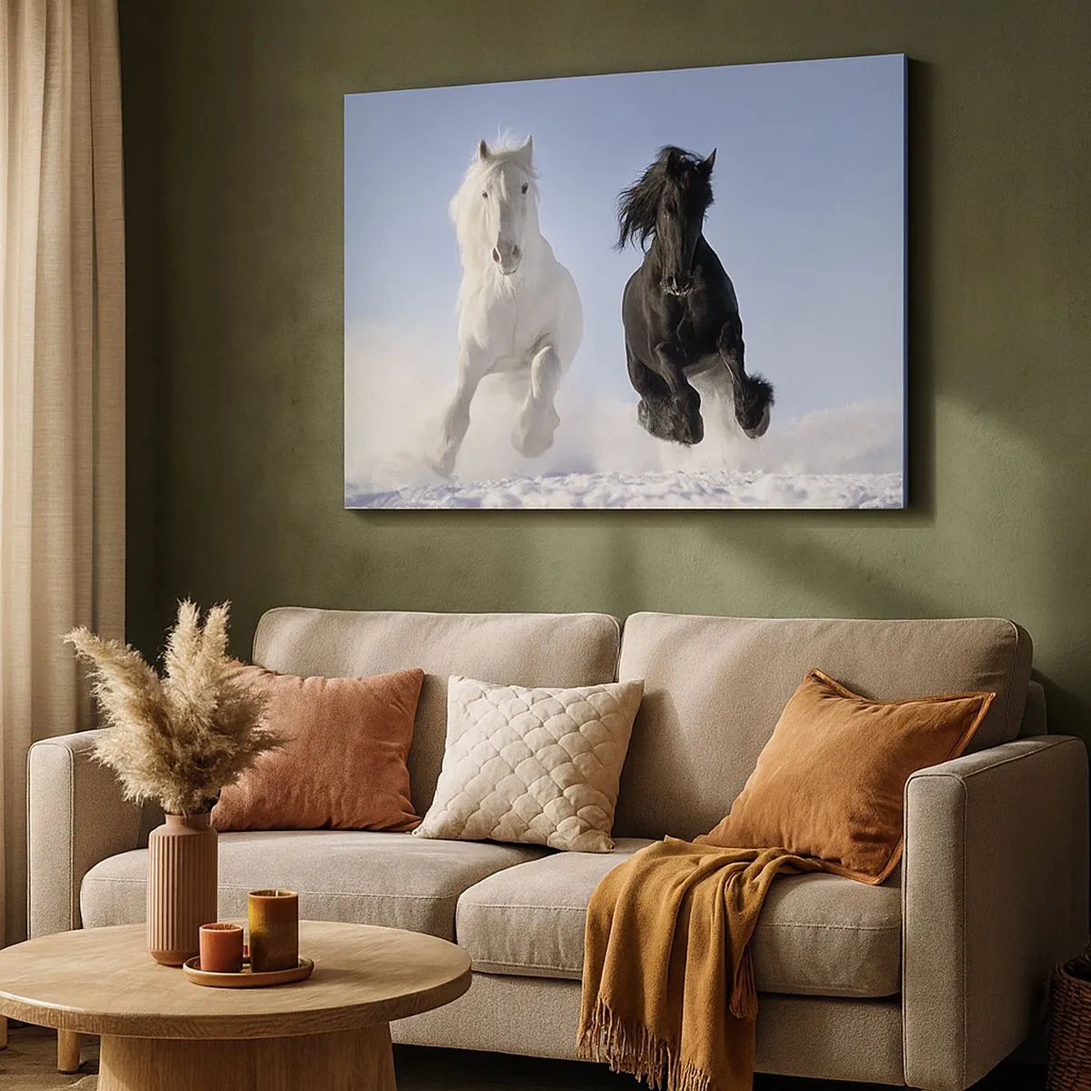 Quadro su tela - Stampe su Tela - Un cavallo bianco e uno nero che galoppano nella neve - 70x50cm - Galoppo in bianco e nero - Decorazione murale moderna per soggiorno e camera da letto ARTTOR