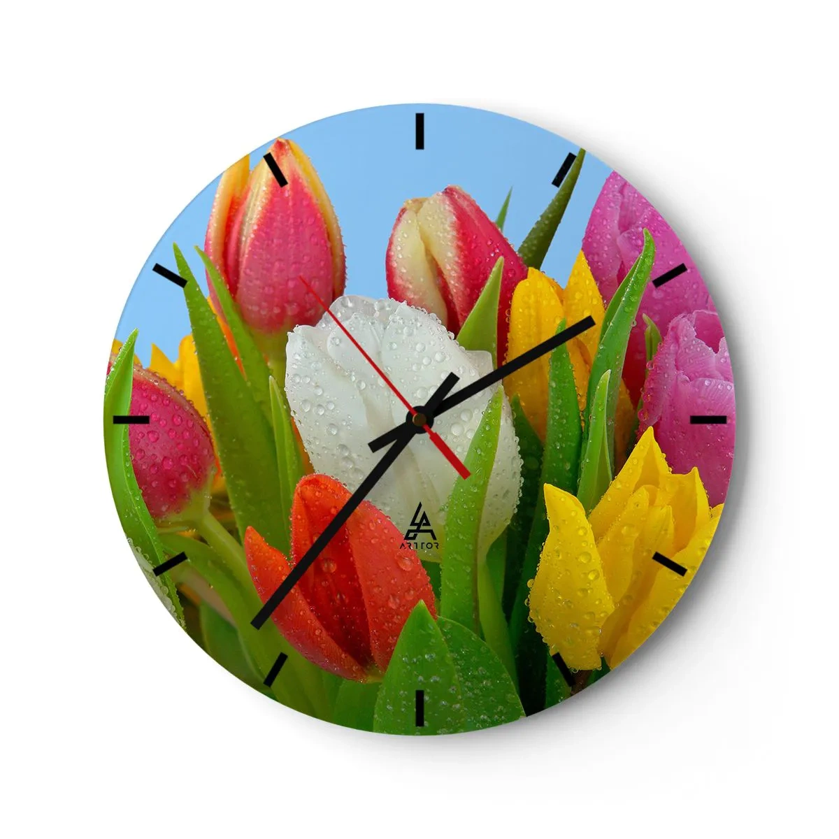 Orologio da parete - Orologio in Vetro - Fiori multicolori nella rugiada - 40x40 cm