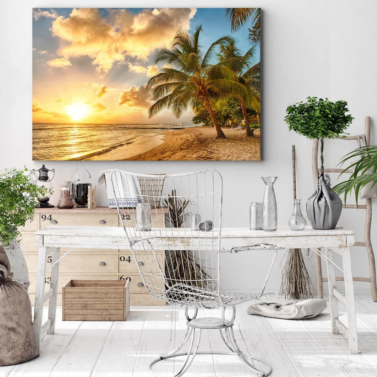 Quadro su tela - Stampe su Tela - Spiaggia con palme e tramonto sull'oceano - 120x80cm - Estate perpetua, vacanze per sempre - Decorazione murale moderna per soggiorno e camera da letto ARTTOR