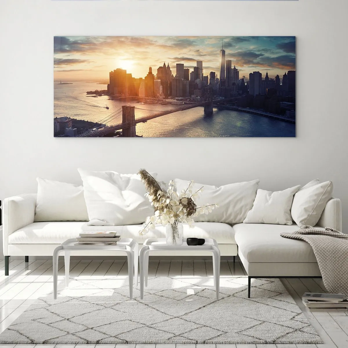 Quadro su vetro - Panorama della città con il ponte e il fiume alla luce del sole al tramonto - 120x50cm - Il monumento alla cultura dell'occidente - Decorazione murale moderna per soggiorno e camera da letto ARTTOR