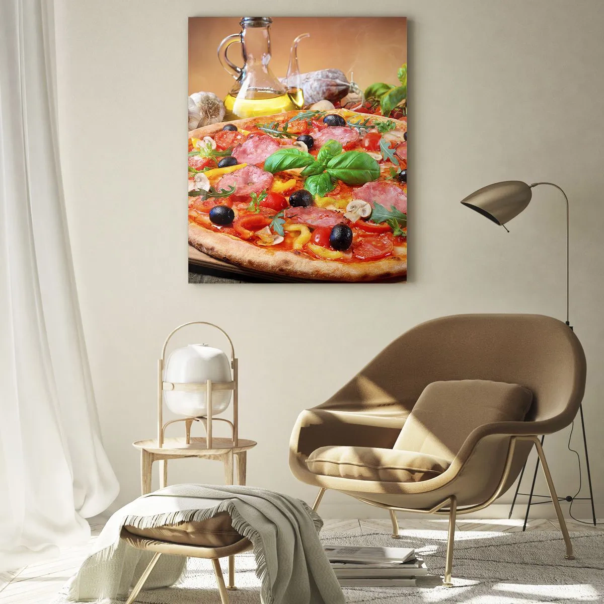 Quadro su vetro - Pizza con condimenti su un tavolo di legno con olio d'oliva e spezie - 50x70cm - Con gusto veramente italiano - Decorazione murale moderna per soggiorno e camera da letto ARTTOR