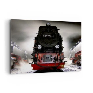 Quadro su tela - Stampe su Tela - Una locomotiva a vapore circondata dal vapore contro un cielo scuro in un ambiente suggestivo - 100x70cm - Ansima, sbuffa e soffia - Decorazione murale moderna per soggiorno e camera da letto ARTTOR