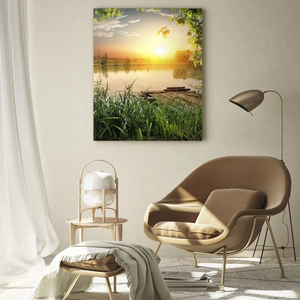 Quadro su vetro - Paesaggio verde con un lago al tramonto - 80x120cm - Paesaggio incorniciato di verde - Decorazione murale moderna per soggiorno e camera da letto ARTTOR